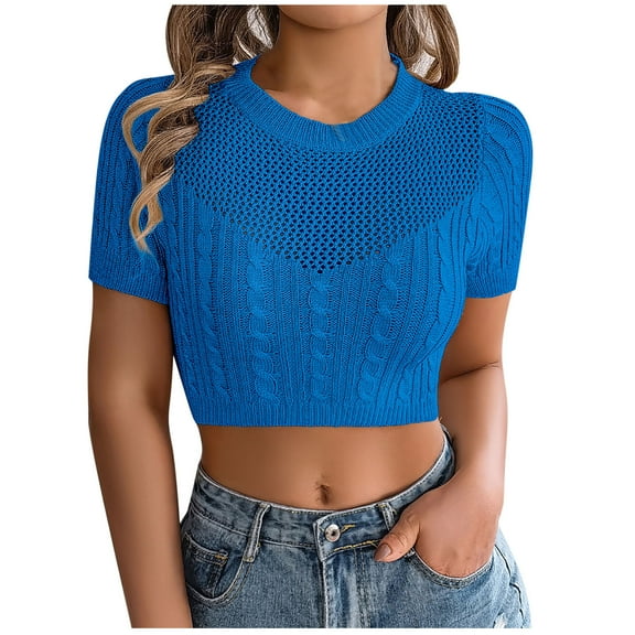 Mittory Women's Cable Knitted Hollow Cropped Tops Casual Crewneck Short Sleeve Summer Going Out Shirts