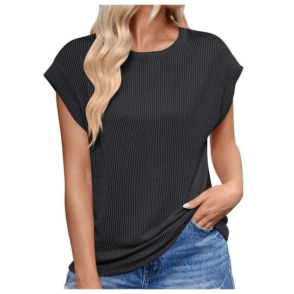 Mittory Women's Cap Sleeve Blouses Ribbed Tops Round Neck Casual Summer Loose Tunic Top Basic Tees