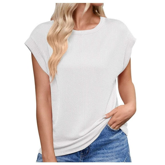 Mittory Women's Cap Sleeve Blouses Ribbed Tops Round Neck Casual Summer Loose Tunic Top Basic Tees