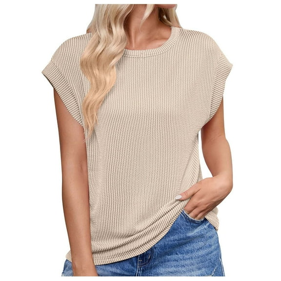 Mittory Women's Cap Sleeve Blouses Ribbed Tops Round Neck Casual Summer Loose Tunic Top Basic Tees