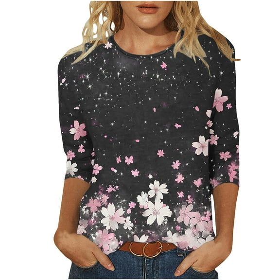 Mittory Women's Casual 3/4 Sleeve T-Shirts Round Neck Cute Tunic Tops Basic Tees Blouses Loose Fit Business Work Tee Top