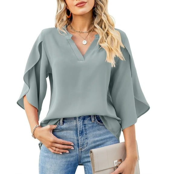 Mittory Women's Casual Chiffon Blouse Tops 3/4 Ruffled Sleeve V Neck Loose Fit Blouses Shirts