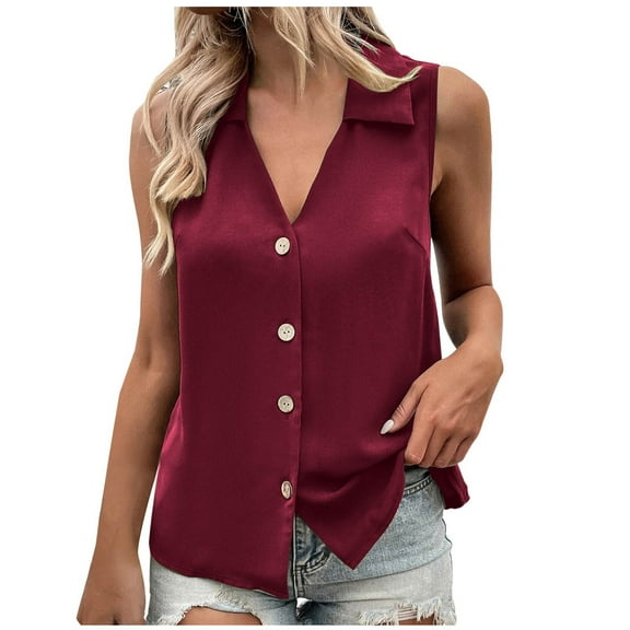 Mittory Women's Casual Collar V Neck Button Down Sleeveless Tunic Blouse Shirt Tank Top