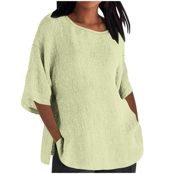 Mittory Women's Casual Cotton Linen Shirts Ladies 3/4 Sleeve Crew Neck Tops Plus Size Flowy Tunic Shirt