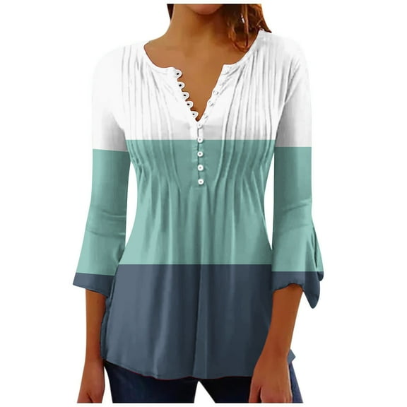 Mittory Women's Casual Long Sleeve V-Neck Shirt Button Down Shirts Dressy Henley Blouses Fall Clothes