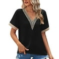 thumbnail image 1 of Mittory Women's Casual Petal Short Sleeve Contrast Lace V Neck Summer Tee Blouse Tops, 1 of 8