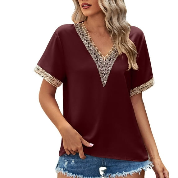 Mittory Women's Casual Petal Short Sleeve Contrast Lace V Neck Summer Tee Blouse Tops
