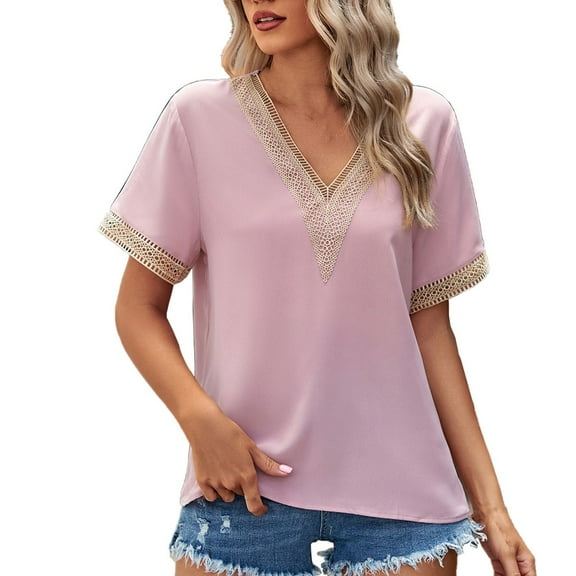 Mittory Women's Casual Petal Short Sleeve Contrast Lace V Neck Summer Tee Blouse Tops