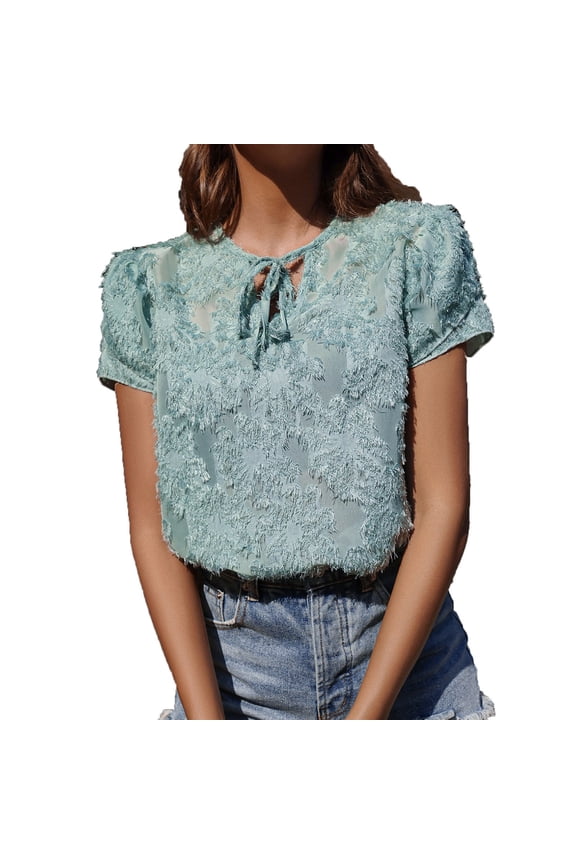 Women's Casual Short Sleeve Bow Tie V Neck Blouse Top Shirts Summer Holiday Beach Chiffon Shirts