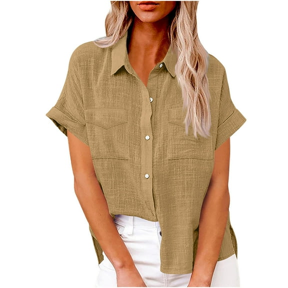 Mittory Women's Casual Short Sleeve Button Down Shirts Cotton Blouses Casual Tunics Solid Color Tops with Pockets