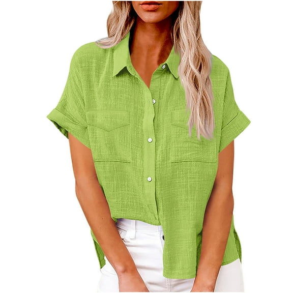 Mittory Women's Casual Short Sleeve Button Down Shirts Cotton Blouses Casual Tunics Solid Color Tops with Pockets