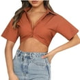 thumbnail image 1 of Mittory Women's Casual Short Sleeve Collar Twist Front Button Down Blouse Crop Top, 1 of 7