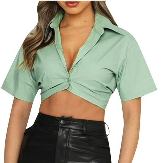 Mittory Women's Casual Short Sleeve Collar Twist Front Button Down Blouse Crop Top