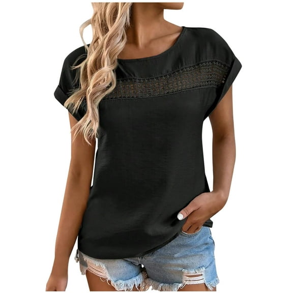 Mittory Women's Casual Short Sleeve Summer Top Round Neck Lace Crochet Soild Color Blouse Tops