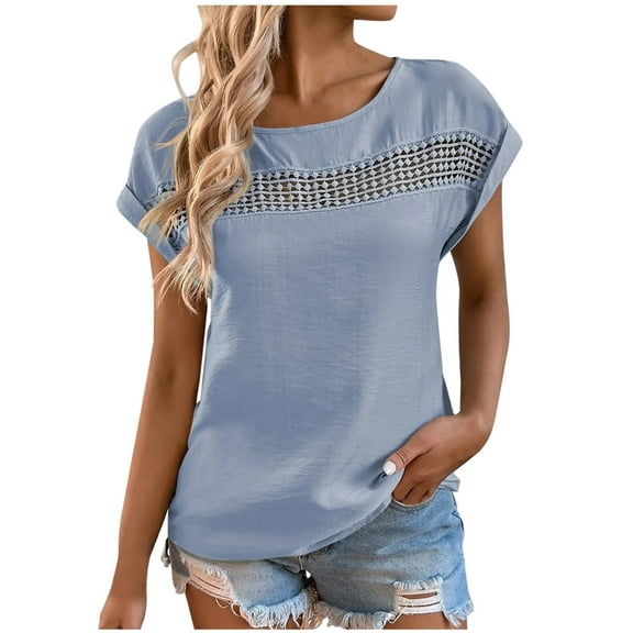 Mittory Women's Casual Short Sleeve Summer Top Round Neck Lace Crochet Soild Color Blouse Tops