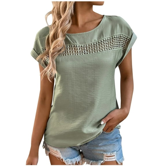 Mittory Women's Casual Short Sleeve Summer Top Round Neck Lace Crochet Soild Color Blouse Tops