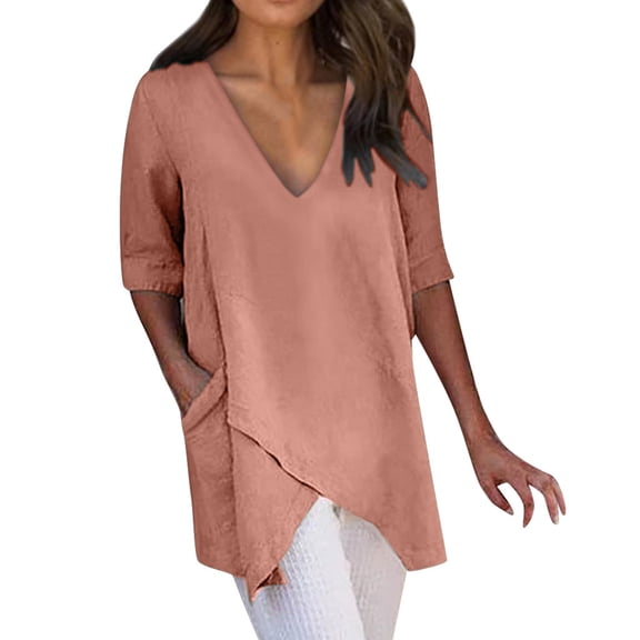 Mittory Women's Casual Summer 3/4 Sleeve Tee Tops Irregular V Neck Solid Color Loose Work Blouses with Pockets