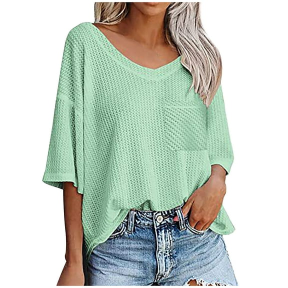 Mittory Women's Causual V Neck Short Sleeve Shirts Waffle Knit Loose Tunic Tops Blouses
