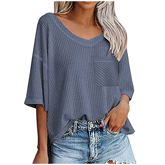 Mittory Women's Causual V Neck Short Sleeve Shirts Waffle Knit Loose Tunic Tops Blouses