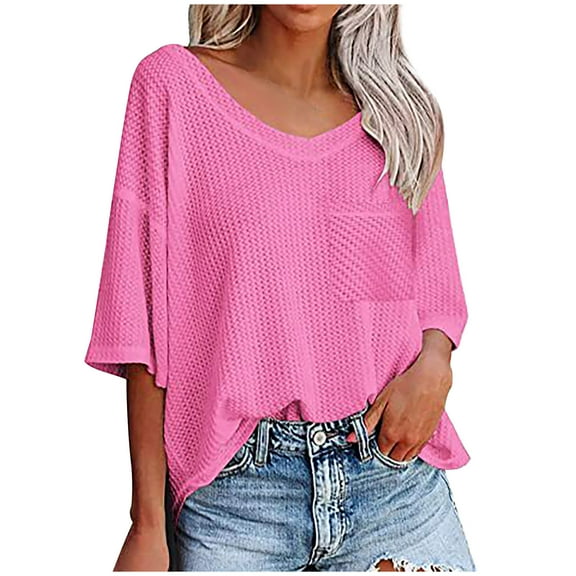 Mittory Women's Causual V Neck Short Sleeve Shirts Waffle Knit Loose Tunic Tops Blouses