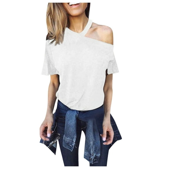 Mittory Women's Chic Casual Dew Shoulder Plain Loose Blouse One Shoulder Flare Short Sleeve Cold Shoulder T-Shirt