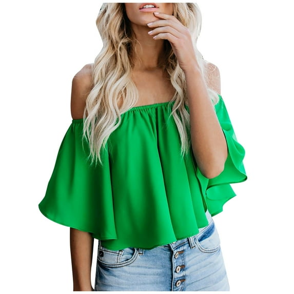 Mittory Women's Classic-Fit Shirt Plain Color Off The Shoulder Summer Blouse