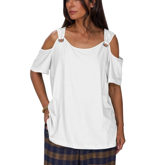 Mittory Women's Cold Shoulder Tops Short Sleeve V Neck T Shirts Basic Summer Tees Loose Casual Shirts Tee