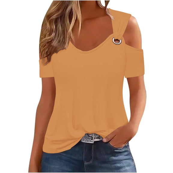 Mittory Women's Cold Shoulder Tops Short Sleeve V Neck T Shirts Basic Summer Tees