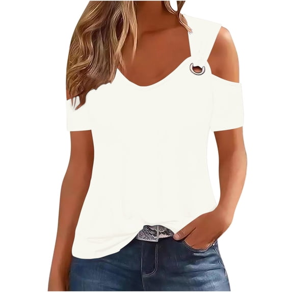 Mittory Women's Cold Shoulder Tops Short Sleeve V Neck T Shirts Basic Summer Tees