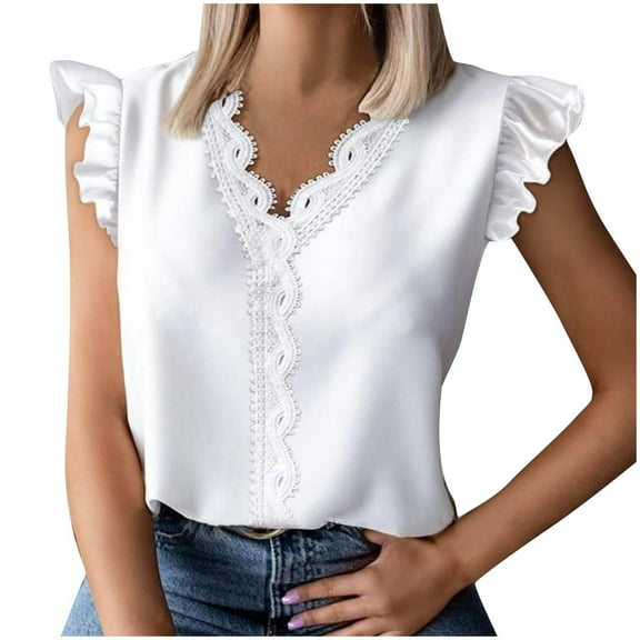 Mittory Women's Contrast Lace Scallop Trim Blouse V Neck Cap Sleeve Casual Summer Top