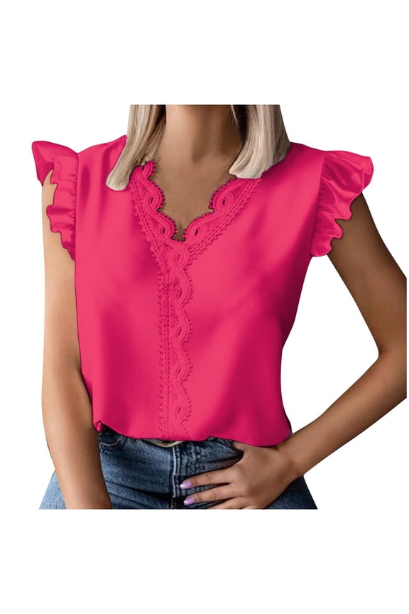 Women's Contrast Lace Scallop Trim Blouse V Neck Cap Sleeve Casual Summer Top