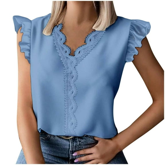 Mittory Women's Contrast Lace Scallop Trim Blouse V Neck Cap Sleeve Casual Summer Top
