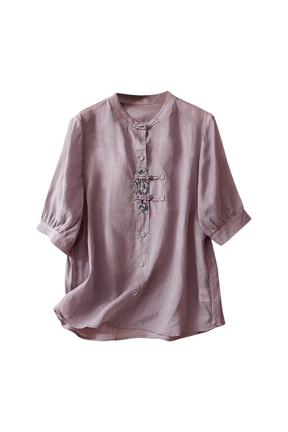 Women's Cotton Linen Button Down Shirts Retro Mandarin Collar Chinese Frog Button Tops Half Sleeve Loose Fit Blouse