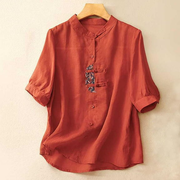 Mittory Women's Cotton Linen Button Down Shirts Retro Mandarin Collar Chinese Frog Button Tops Half Sleeve Loose Fit Blouse