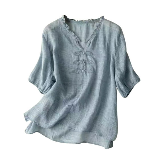 Mittory Women's Cotton Linen Button Short Sleeve Shirts Summer Loose V Neck Casual Boho Top Vintage Embroidered Blouse Tops