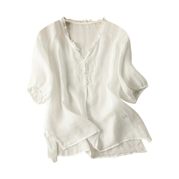 Mittory Women's Cotton Linen Button Short Sleeve Shirts Summer Loose V Neck Casual Boho Top Vintage Embroidered Blouse Tops
