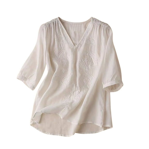 Mittory Women's Cotton Linen Button Short Sleeve Shirts Summer Loose V Neck Casual Boho Top Vintage Embroidered Blouse Tops