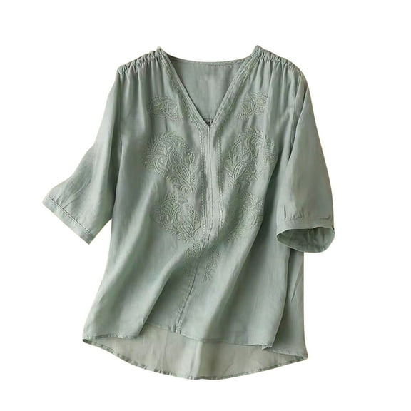 Mittory Women's Cotton Linen Button Short Sleeve Shirts Summer Loose V Neck Casual Boho Top Vintage Embroidered Blouse Tops