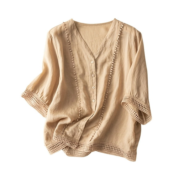 Mittory Women's Cotton Linen Embroidered Shirt Tops Boho 3/4 Sleeeve Tunic Top Dressy Elegant Blouse