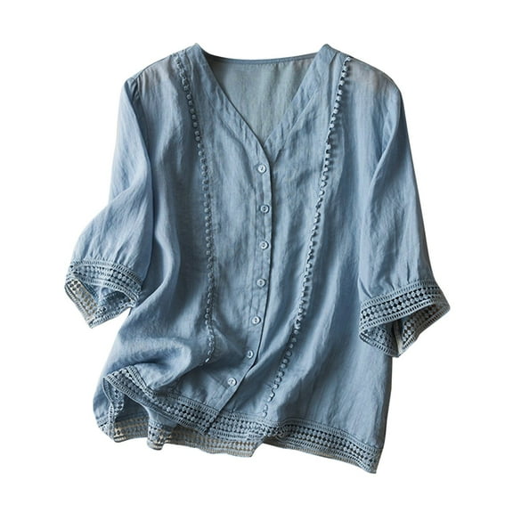 Mittory Women's Cotton Linen Embroidered Shirt Tops Boho 3/4 Sleeeve Tunic Top Dressy Elegant Blouse
