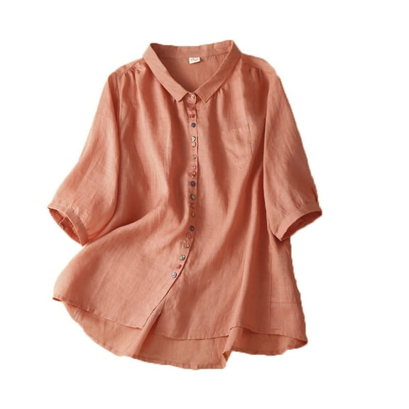 Mittory Women's Cotton Linen Shirts Summer Short Sleeve Mandarin Collar Chinese Frog Button Down Tops Loose Vintage Blouses