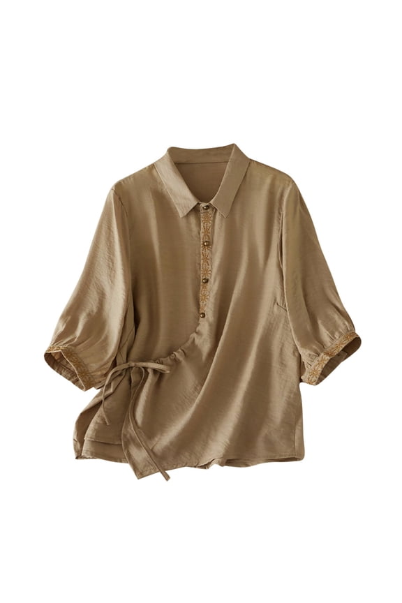 Women's Cotton Linen Shirts Summer Short Sleeve Mandarin Collar Chinese Frog Button Down Tops Loose Vintage Blouses