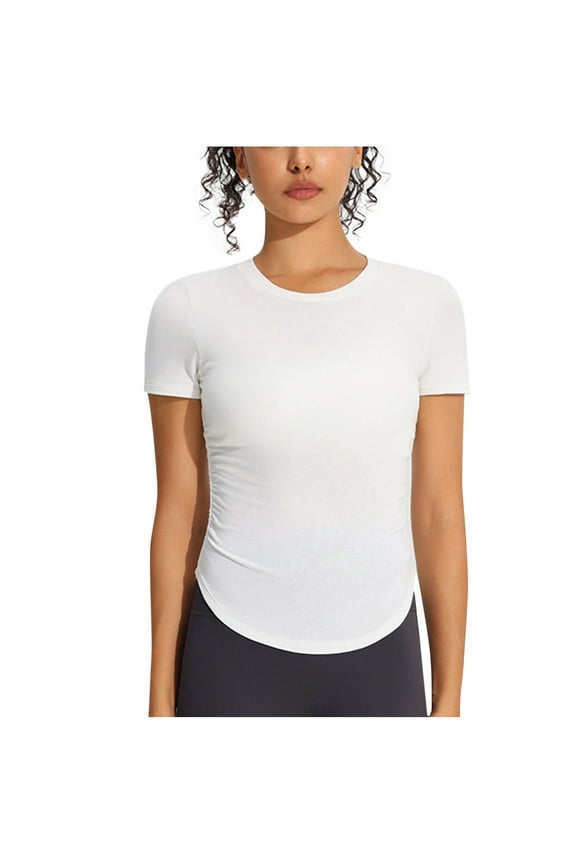 Women's Crewneck Short Sleeve Shirts Casual Ruched Slim Stretch Tee Shirt Comfy Solid Color Summer Basic Tops