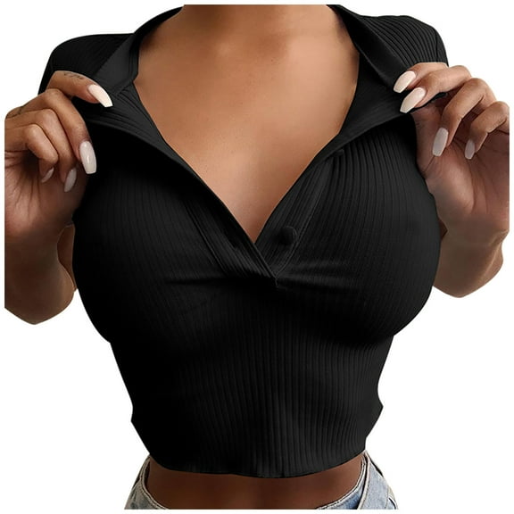 Mittory Women's Crop Top Shirts Summer Collor Female T-Shirt Short Sleeve Ribbed Solid Sexy V Neck Knit Tops