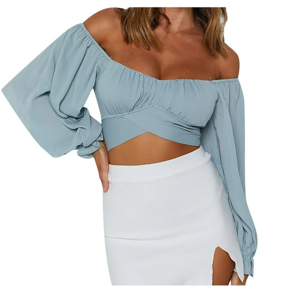 Mittory Women's Cute Off Shoulder Long Sleeve Self Tie Knot Crop Tube Top Blouse
