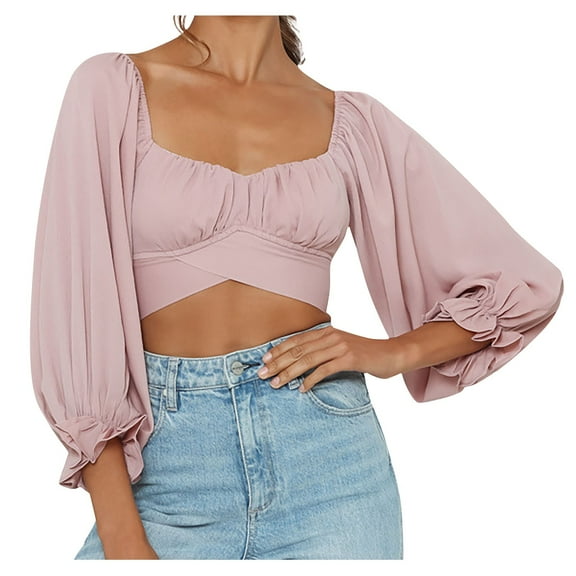 Mittory Women's Cute Off Shoulder Long Sleeve Self Tie Knot Crop Tube Top Blouse
