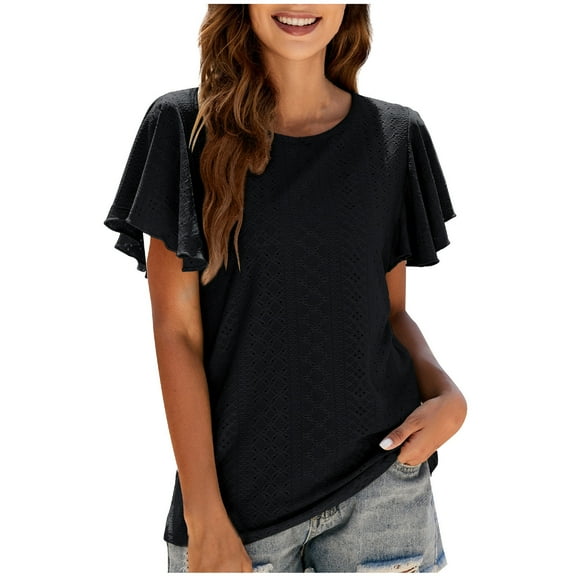 Mittory Women's Cute Ruffle Short Sleeve T Shirts Casual Summer Round Neck Blouses Tops Eyelets Loose Fit Tunic Tee