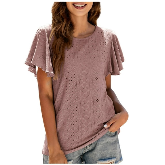 Mittory Women's Cute Ruffle Short Sleeve T Shirts Casual Summer Round Neck Blouses Tops Eyelets Loose Fit Tunic Tee