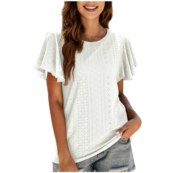 Mittory Women's Cute Ruffle Short Sleeve T Shirts Casual Summer Round Neck Blouses Tops Eyelets Loose Fit Tunic Tee