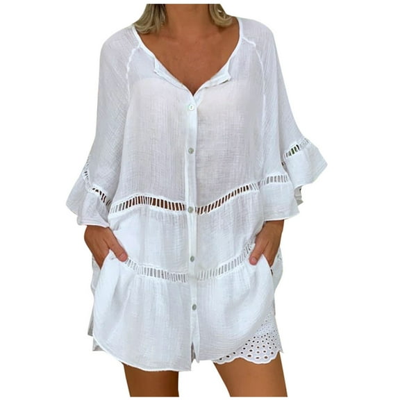 Mittory Women's Cutout Tiered Cover-Up Shirt Dress V-neck A-line Beachwear